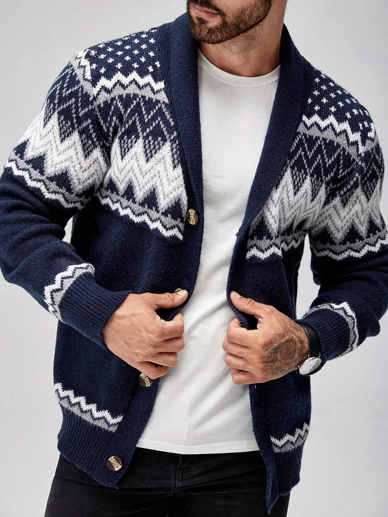 Men's Casual Geometric Pattern Cardigan Sweater - Navy Blue with White and Black Accents, Button-Up Collar, Machine Washable, Polyester for Fall/Winter