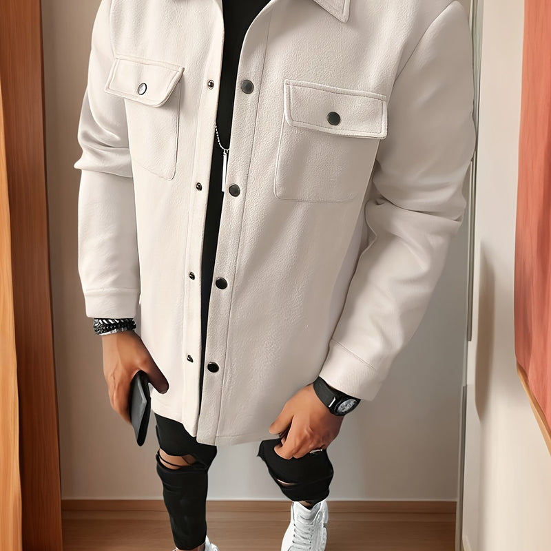 Men's Casual Button-Up Jacket - Long Sleeve, White, Polyester, Flap Pockets, Machine Washable, Spring/Fall Outerwear