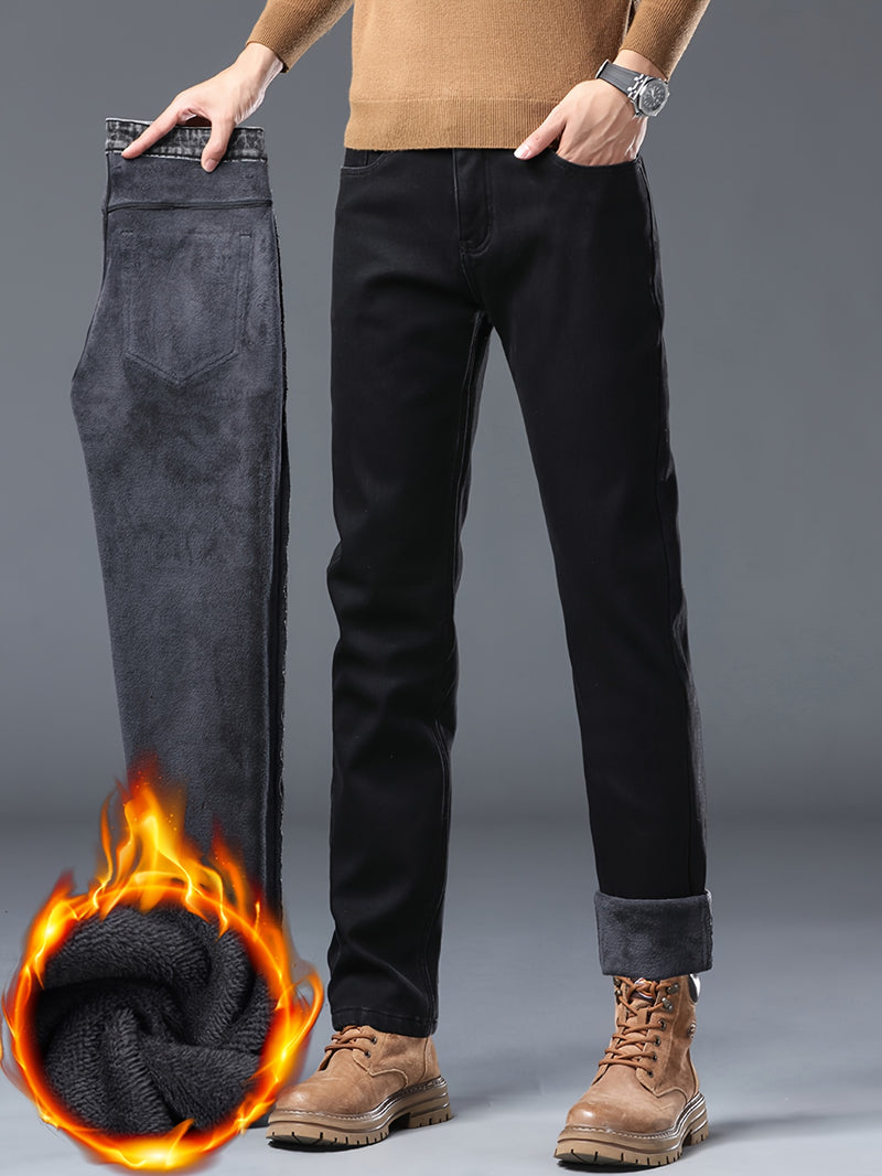 Men's Winter Straight Leg Jeans - Slim-Fit Stretch Denim Pants with Dark Wash ( Washable), Machine Washable Cold-Weather Casual Wear, Elastic Fit for Daily Use & Smart-Casual Outfits