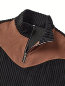 Christmas Men's Gift Men's Stand Collar Pullover Autumn Winter Warm Half-Zip Solid Color Patchwork Ribbed Retro Street Pullover Sweatshirt