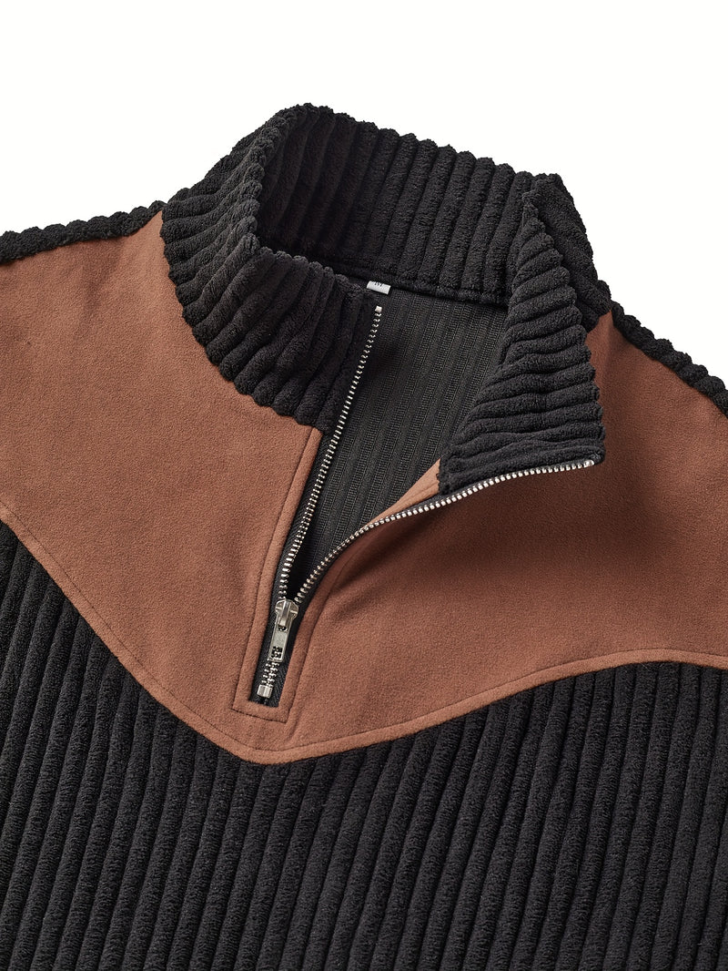 Christmas Men's Gift Men's Stand Collar Pullover Autumn Winter Warm Half-Zip Solid Color Patchwork Ribbed Retro Street Pullover Sweatshirt