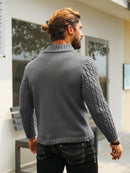 Men's Thermal Stand Collar Cable Knit Sweater - Striped H-Shape Regular Fit Pullover, Machine Washable Winter Sweater with Ribbed Detailing for Autumn & Winter, Knit Sweater, Medium Elasticity Fabric