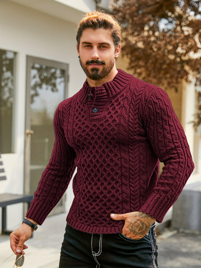Men's Thermal Stand Collar Cable Knit Sweater - Striped H-Shape Regular Fit Pullover, Machine Washable Winter Sweater with Ribbed Detailing for Autumn & Winter, Knit Sweater, Medium Elasticity Fabric