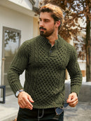 Men's Thermal Stand Collar Cable Knit Sweater - Striped H-Shape Regular Fit Pullover, Machine Washable Winter Sweater with Ribbed Detailing for Autumn & Winter, Knit Sweater, Medium Elasticity Fabric