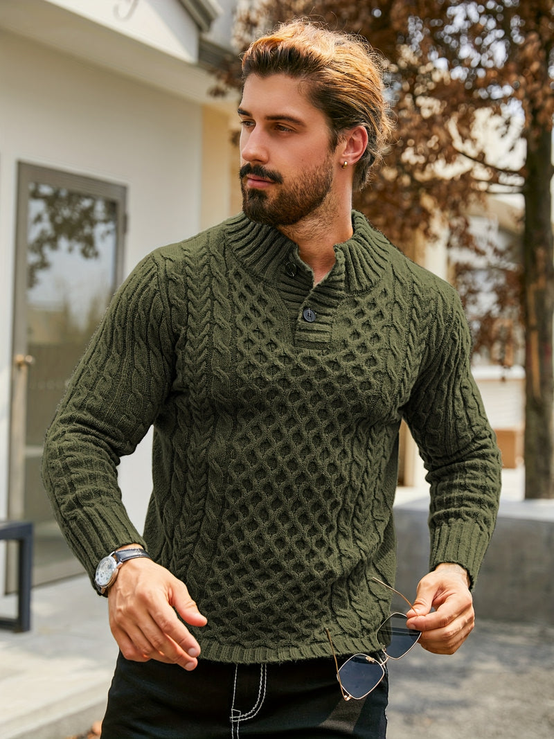 Men's Thermal Stand Collar Cable Knit Sweater - Striped H-Shape Regular Fit Pullover, Machine Washable Winter Sweater with Ribbed Detailing for Autumn & Winter, Knit Sweater, Medium Elasticity Fabric