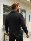 Men's Thermal Stand Collar Cable Knit Sweater - Striped H-Shape Regular Fit Pullover, Machine Washable Winter Sweater with Ribbed Detailing for Autumn & Winter, Knit Sweater, Medium Elasticity Fabric