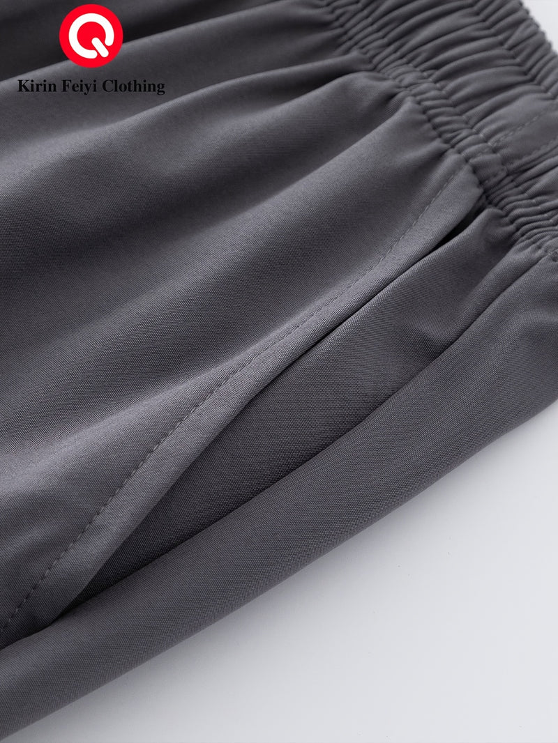 Men's Straight-Leg Casual Trousers - Dark Grey/Black Solid Color Elastic Waist with Drawstring, Belt-Free Design, All-Season Versatile Dress Pants for Office, Semi-Formal & Casual Attire - Mid-Rise Straight Fit (No Belt Inclu