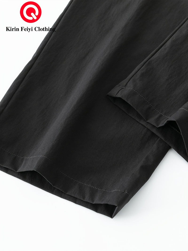 Men's Straight-Leg Casual Trousers - Dark Grey/Black Solid Color Elastic Waist with Drawstring, Belt-Free Design, All-Season Versatile Dress Pants for Office, Semi-Formal & Casual Attire - Mid-Rise Straight Fit (No Belt Inclu