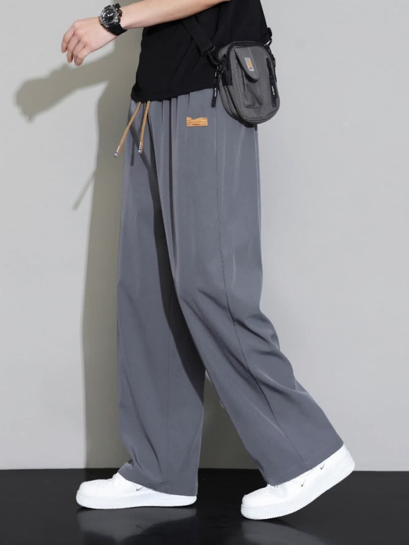 Men's Straight-Leg Casual Trousers - Dark Grey/Black Solid Color Elastic Waist with Drawstring, Belt-Free Design, All-Season Versatile Dress Pants for Office, Semi-Formal & Casual Attire - Mid-Rise Straight Fit (No Belt Inclu