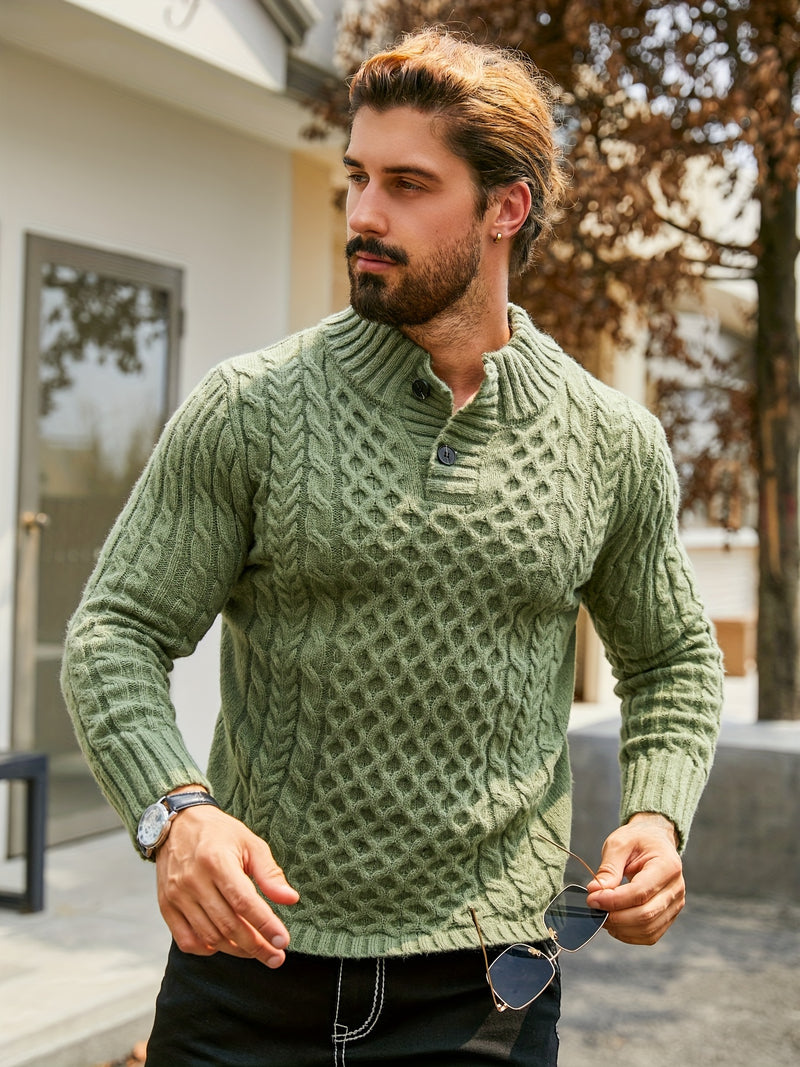 Men's Thermal Stand Collar Cable Knit Sweater - Striped H-Shape Regular Fit Pullover, Machine Washable Winter Sweater with Ribbed Detailing for Autumn & Winter, Knit Sweater, Medium Elasticity Fabric