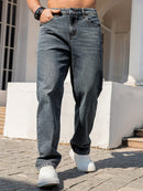 Men'S Dark Distressed Washed Straight-Leg Faux Denim - Non-Stretch Casual Regular Fit All-Season Comfort, Classic Five-Pocket Design with Belt Loops & Button