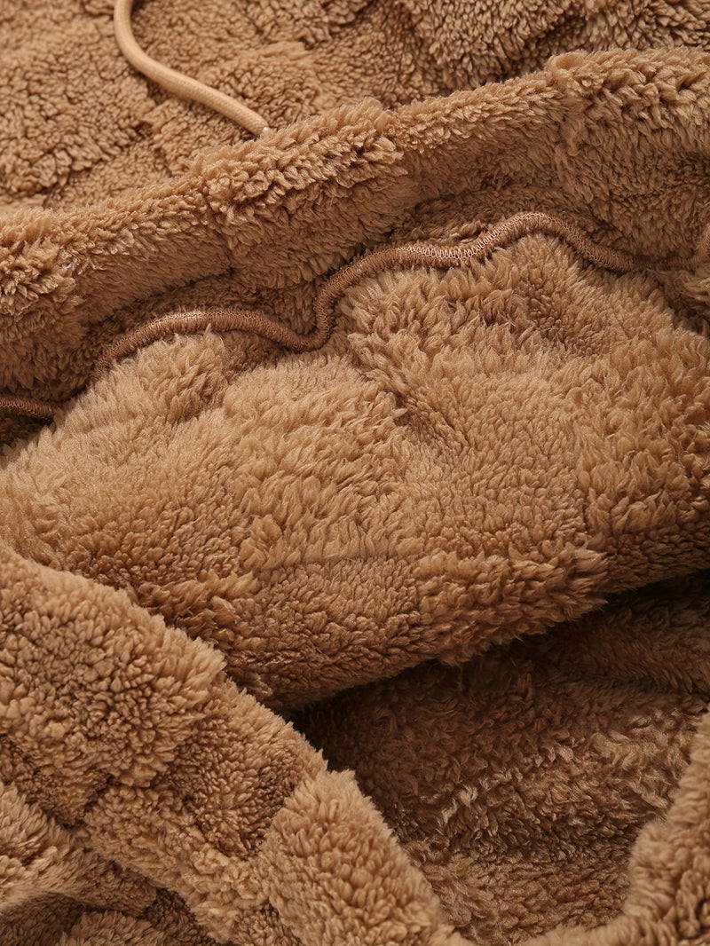 Men'S Plush Fleece Hoodie - Cozy Loose Fit Winter Pullover with Front Pocket, Soft Textured Design for Casual Casual Attire, Brown, Autumn Winter Apparel, Hooded Sweatshirt, Durable Comfort