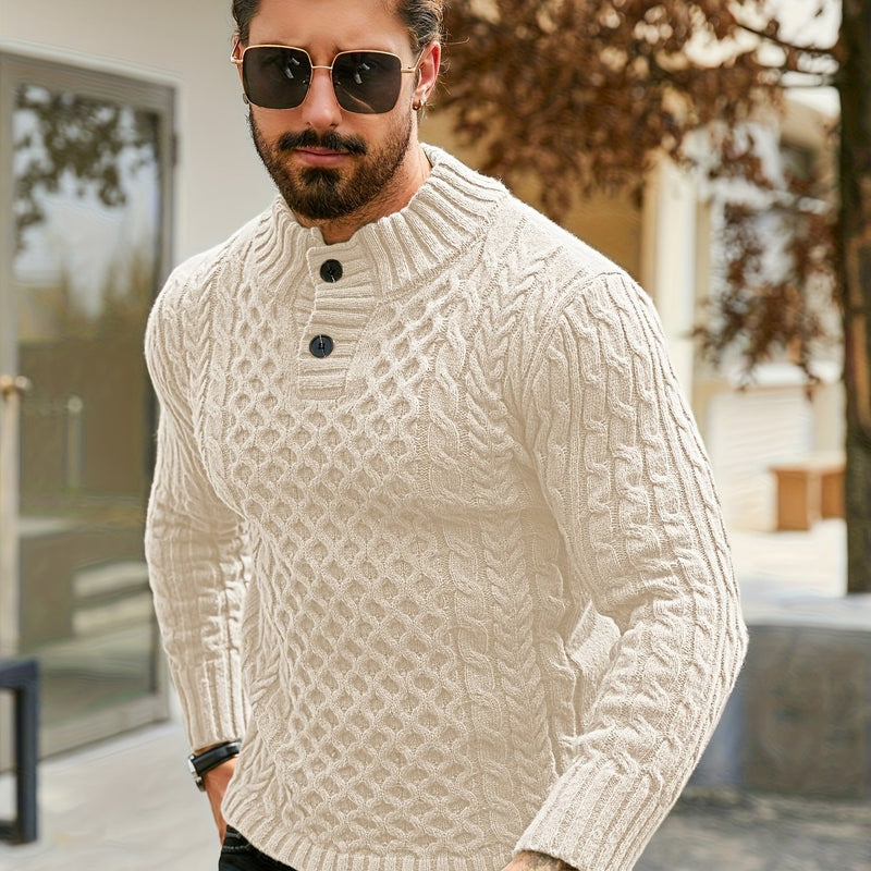 Men's Thermal Stand Collar Cable Knit Sweater - Striped H-Shape Regular Fit Pullover, Machine Washable Winter Sweater with Ribbed Detailing for Autumn & Winter, Knit Sweater, Medium Elasticity Fabric