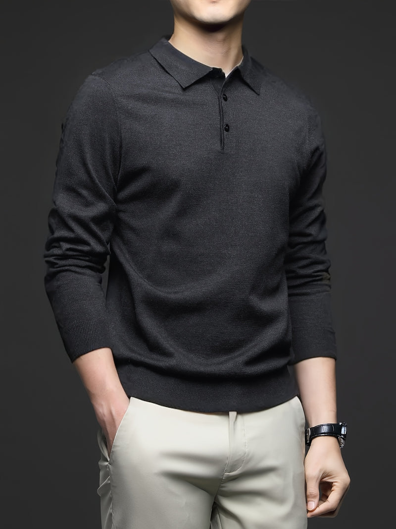 Men's Lightweight Wool Blend Shirt - Long Sleeve, Button-Up Collar, Black, Casual Business Style for Spring & Fall