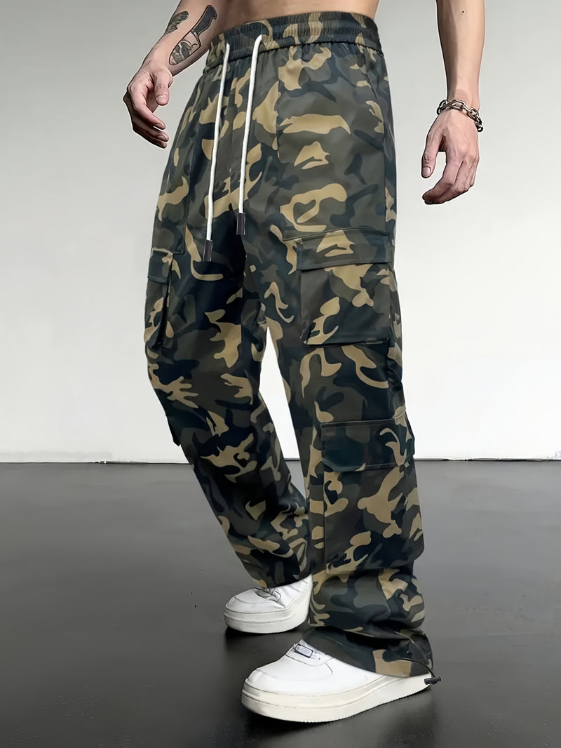 Men's Camouflage Cargo Pants Wide-Leg Trousers with Multi-Pocket Design, Adjustable Waist & Leg Fit, Beige/Green/Brown Camo Print for,, Hunting, (Non-Stretch Durable Casual Pants)