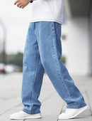 Men'S Casual Wide-Leg Jeans with Diagonal Pockets, Light Wash, Medium Stretch Straight-Leg Design, Regular Length for Casual Attire