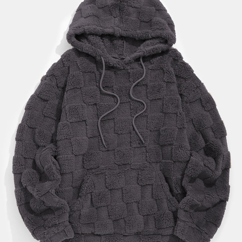 Men'S Plush Fleece Hoodie - Cozy Loose Fit Winter Pullover with Front Pocket, Soft Textured Design for Casual Casual Attire, Brown, Autumn Winter Apparel, Hooded Sweatshirt, Durable Comfort