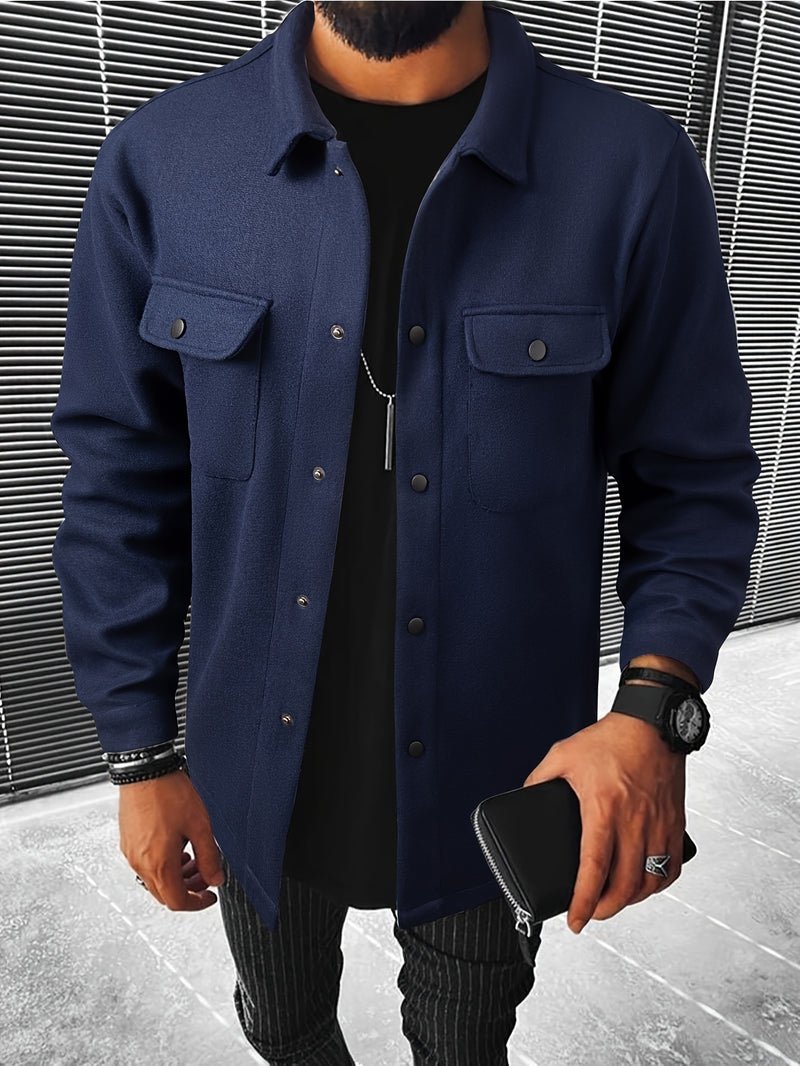 Men's Casual Button-Up Jacket - Long Sleeve, White, Polyester, Flap Pockets, Machine Washable, Spring/Fall Outerwear