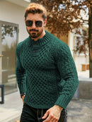 Men's Thermal Stand Collar Cable Knit Sweater - Striped H-Shape Regular Fit Pullover, Machine Washable Winter Sweater with Ribbed Detailing for Autumn & Winter, Knit Sweater, Medium Elasticity Fabric