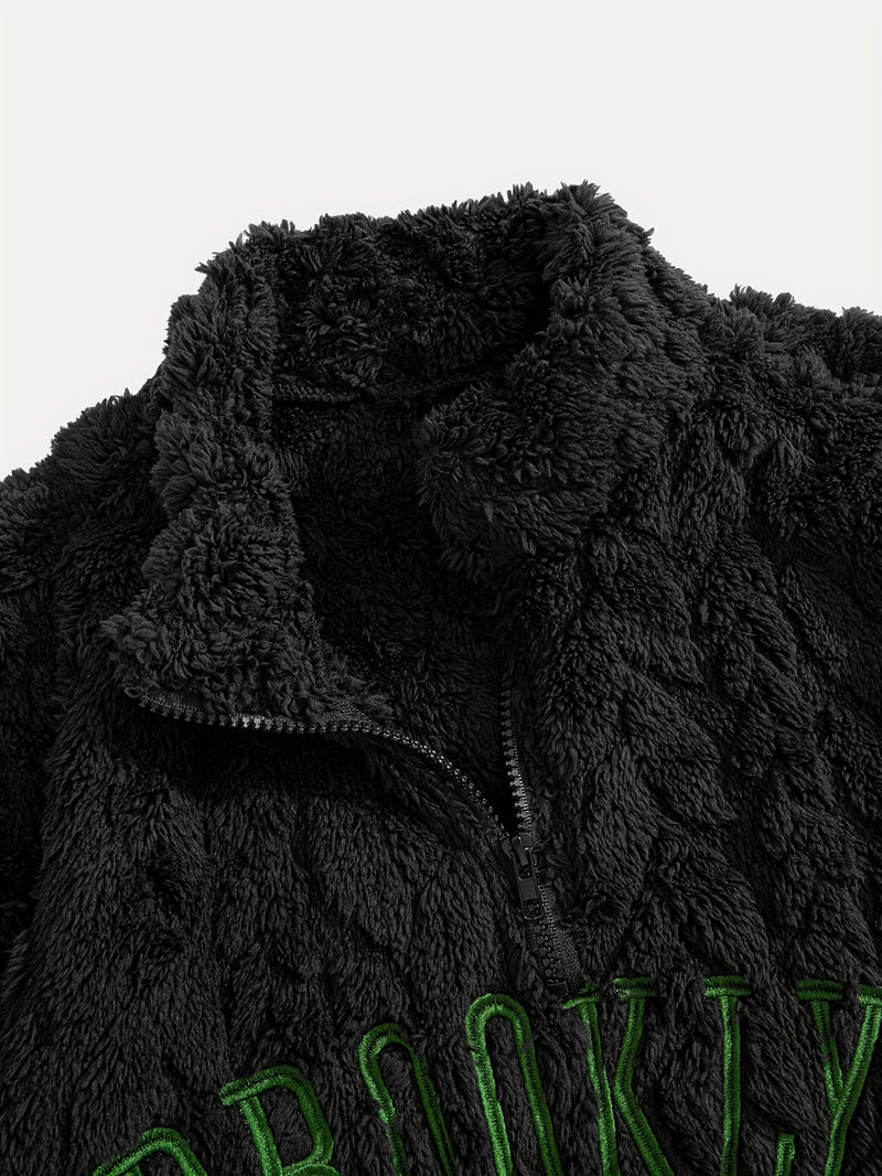 1pc Solid Color Plush Stand Collar Zipper Sweater - Soft Warm Breathable Loose Fit Long Sleeve Casual Sweatshirt with Embroidery, Hand Washable for Casual Attire & Layering, Cozy Winter Outfits