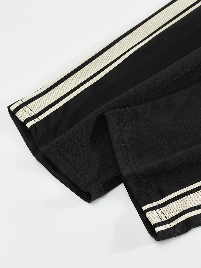 Men'S Casual Striped Straight-Leg Joggers - Loose Fit, Lightweight Polyester, Black & White Vertical Stripes, Pockets, Perfect for Casual Attire, Relaxed Fit Pants | Modern Striped Pants | Lightweight Fabric