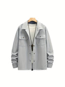 Men's Casual Button-Up Jacket - Long Sleeve, White, Polyester, Flap Pockets, Machine Washable, Spring/Fall Outerwear