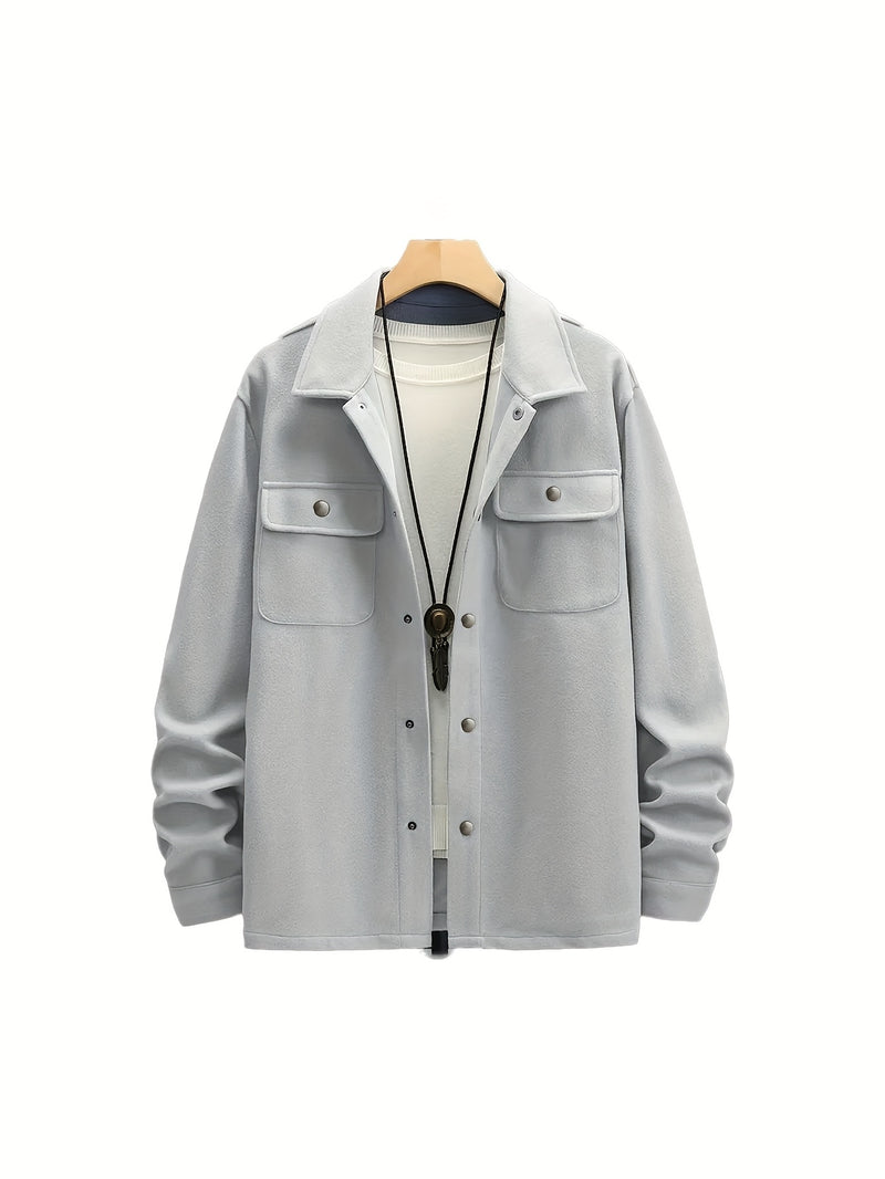 Men's Casual Button-Up Jacket - Long Sleeve, White, Polyester, Flap Pockets, Machine Washable, Spring/Fall Outerwear