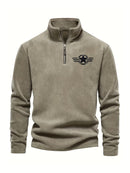 Men's Vintage Embroidered Fleece Half-Zip Stand Collar Sweatshirt - Warm Winter Pullover with Star and Wings Design, Long Sleeves, Machine Washable, Cozy Casualwear | Embroidered Collar | Halfzip Sweatshirt