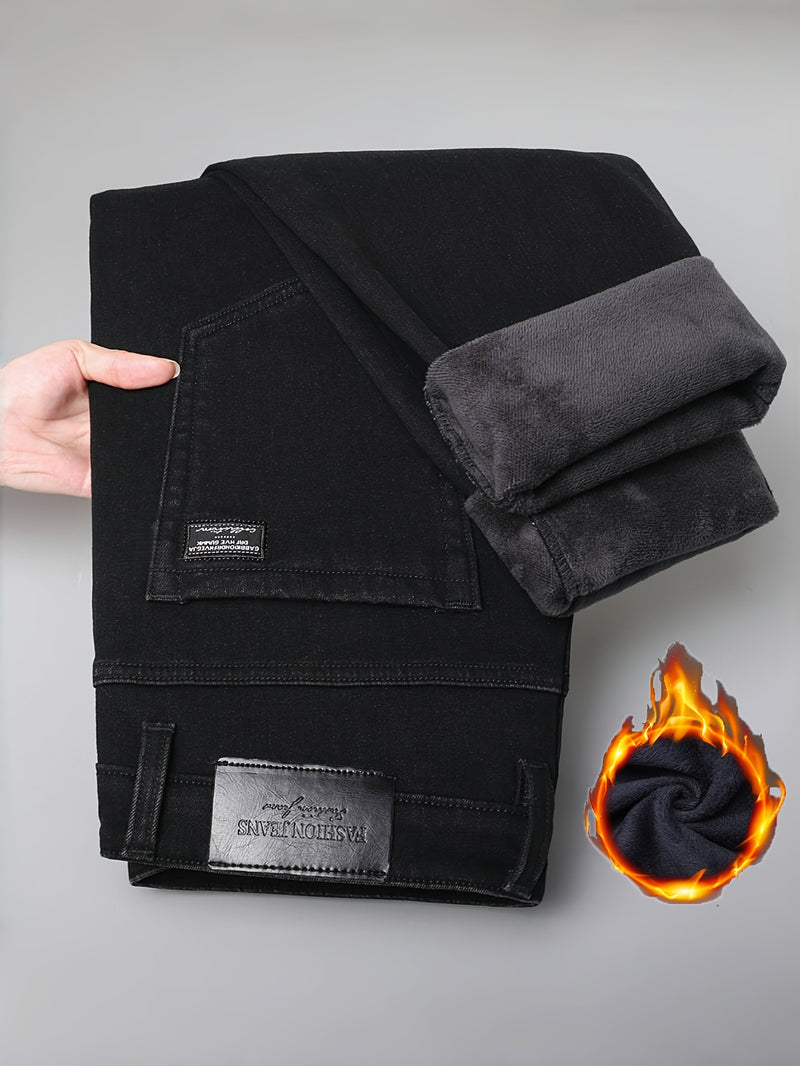 Men's Winter Straight Leg Jeans - Slim-Fit Stretch Denim Pants with Dark Wash ( Washable), Machine Washable Cold-Weather Casual Wear, Elastic Fit for Daily Use & Smart-Casual Outfits