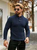 Men's Thermal Stand Collar Cable Knit Sweater - Striped H-Shape Regular Fit Pullover, Machine Washable Winter Sweater with Ribbed Detailing for Autumn & Winter, Knit Sweater, Medium Elasticity Fabric