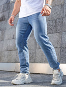 Men'S Dark Distressed Washed Straight-Leg Faux Denim - Non-Stretch Casual Regular Fit All-Season Comfort, Classic Five-Pocket Design with Belt Loops & Button