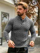Men's Thermal Stand Collar Cable Knit Sweater - Striped H-Shape Regular Fit Pullover, Machine Washable Winter Sweater with Ribbed Detailing for Autumn & Winter, Knit Sweater, Medium Elasticity Fabric