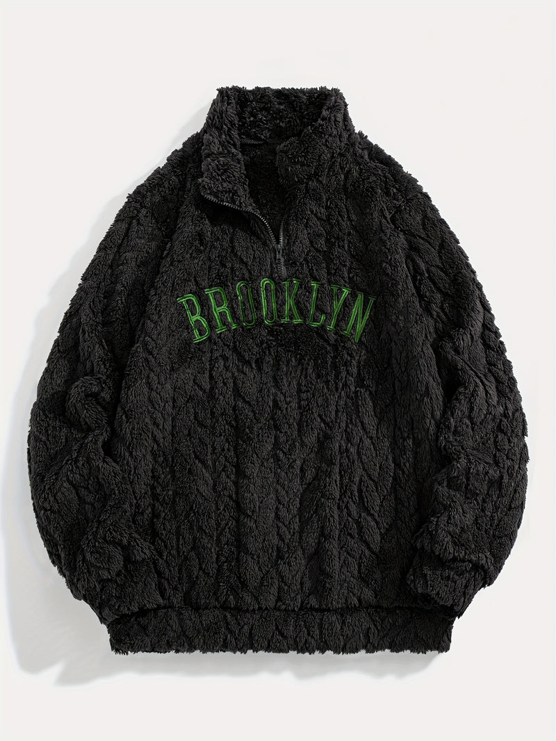 1pc Solid Color Plush Stand Collar Zipper Sweater - Soft Warm Breathable Loose Fit Long Sleeve Casual Sweatshirt with Embroidery, Hand Washable for Casual Attire & Layering, Cozy Winter Outfits