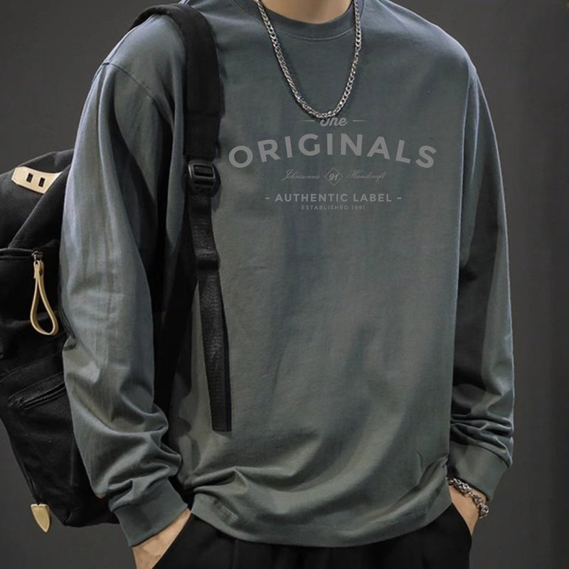 Iron Genghis & Forward Bull Men's Casual Long Sleeve T-Shirt - Relaxed Fit Round Neck, "Originals" Letter Print, Machine Washable,, Plus Size Available