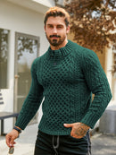 Men's Thermal Stand Collar Cable Knit Sweater - Striped H-Shape Regular Fit Pullover, Machine Washable Winter Sweater with Ribbed Detailing for Autumn & Winter, Knit Sweater, Medium Elasticity Fabric