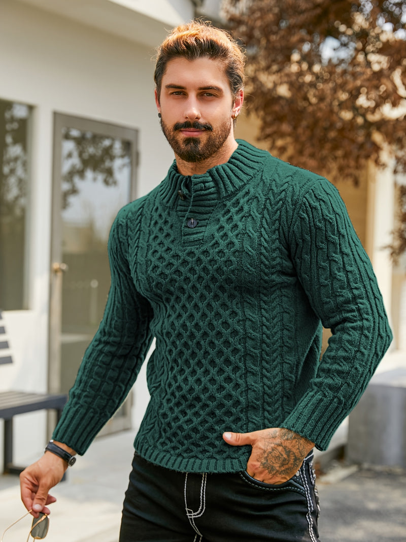 Men's Thermal Stand Collar Cable Knit Sweater - Striped H-Shape Regular Fit Pullover, Machine Washable Winter Sweater with Ribbed Detailing for Autumn & Winter, Knit Sweater, Medium Elasticity Fabric
