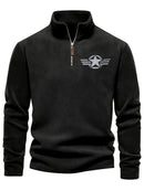 Men's Vintage Embroidered Fleece Half-Zip Stand Collar Sweatshirt - Warm Winter Pullover with Star and Wings Design, Long Sleeves, Machine Washable, Cozy Casualwear | Embroidered Collar | Halfzip Sweatshirt