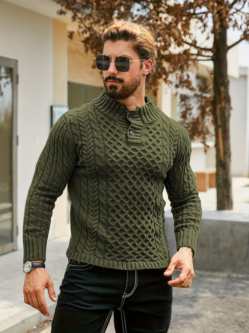 Men's Thermal Stand Collar Cable Knit Sweater - Striped H-Shape Regular Fit Pullover, Machine Washable Winter Sweater with Ribbed Detailing for Autumn & Winter, Knit Sweater, Medium Elasticity Fabric