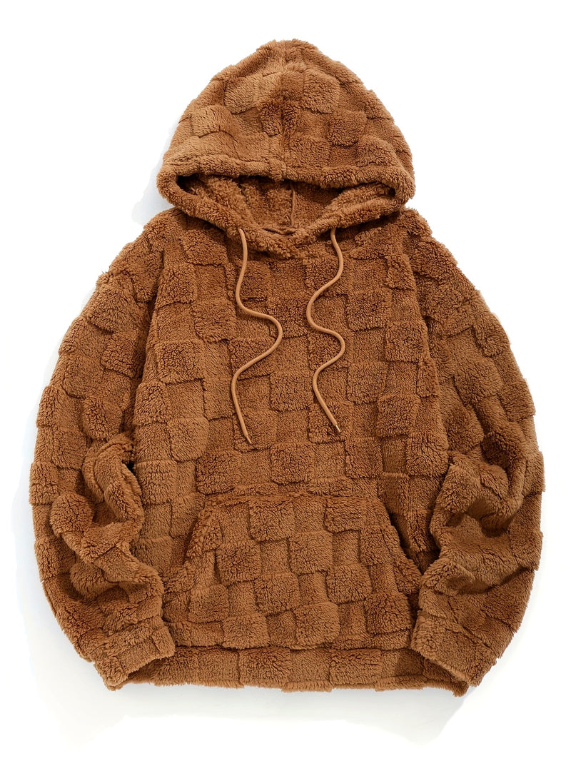 Men'S Plush Fleece Hoodie - Cozy Loose Fit Winter Pullover with Front Pocket, Soft Textured Design for Casual Casual Attire, Brown, Autumn Winter Apparel, Hooded Sweatshirt, Durable Comfort