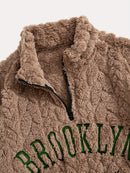 1pc Solid Color Plush Stand Collar Zipper Sweater - Soft Warm Breathable Loose Fit Long Sleeve Casual Sweatshirt with Embroidery, Hand Washable for Casual Attire & Layering, Cozy Winter Outfits