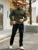 Men's Thermal Stand Collar Cable Knit Sweater - Striped H-Shape Regular Fit Pullover, Machine Washable Winter Sweater with Ribbed Detailing for Autumn & Winter, Knit Sweater, Medium Elasticity Fabric