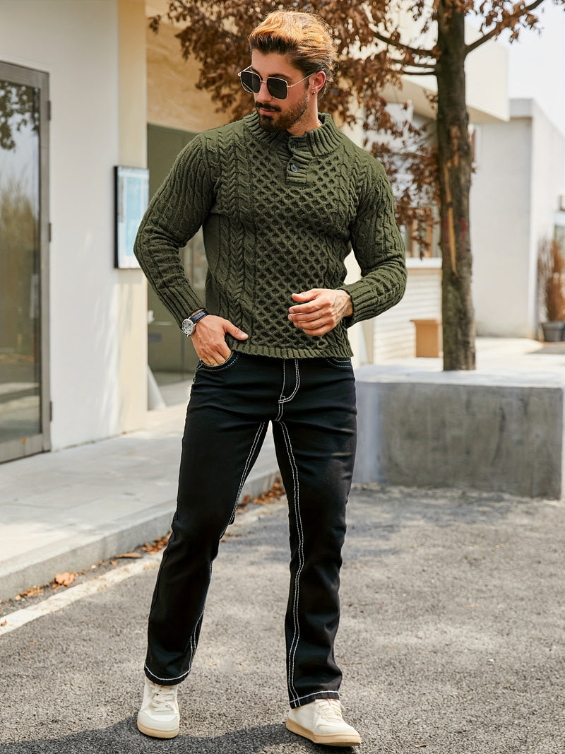 Men's Thermal Stand Collar Cable Knit Sweater - Striped H-Shape Regular Fit Pullover, Machine Washable Winter Sweater with Ribbed Detailing for Autumn & Winter, Knit Sweater, Medium Elasticity Fabric