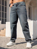 Men'S Dark Distressed Washed Straight-Leg Faux Denim - Non-Stretch Casual Regular Fit All-Season Comfort, Classic Five-Pocket Design with Belt Loops & Button