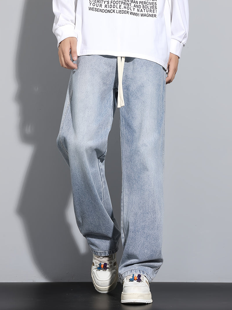 Men's Heavy-Washed Non-Stretch Jeans - Loose Fit Straight-Leg Non-Restrictive Pants, Machine Washable Everyday Jeans for Teens & Adults (Casual Outfits, Parties, All-Season Wear) - YG1133, Party Casual Wear, Distressed Denim