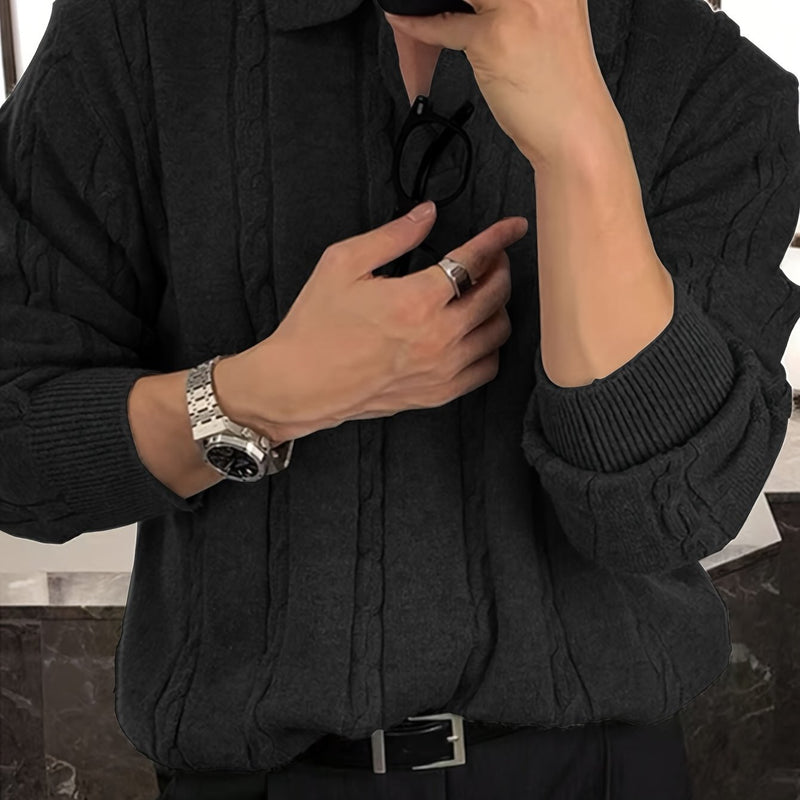 2024 New Men's Autumn Winter Casual Neck Sweater - Crocodile Pattern Knit Pullover, Mid-Stretch Fabric, Hand Washable, Regular Fit Long Sleeve for Office & Social Events