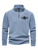 Men's Vintage Embroidered Fleece Half-Zip Stand Collar Sweatshirt - Warm Winter Pullover with Star and Wings Design, Long Sleeves, Machine Washable, Cozy Casualwear | Embroidered Collar | Halfzip Sweatshirt