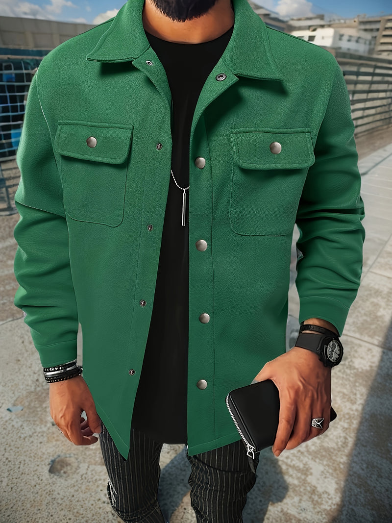 Men's Casual Button-Up Jacket - Long Sleeve, White, Polyester, Flap Pockets, Machine Washable, Spring/Fall Outerwear