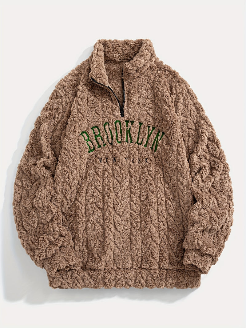 1pc Solid Color Plush Stand Collar Zipper Sweater - Soft Warm Breathable Loose Fit Long Sleeve Casual Sweatshirt with Embroidery, Hand Washable for Casual Attire & Layering, Cozy Winter Outfits