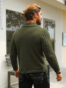 Men's Thermal Stand Collar Cable Knit Sweater - Striped H-Shape Regular Fit Pullover, Machine Washable Winter Sweater with Ribbed Detailing for Autumn & Winter, Knit Sweater, Medium Elasticity Fabric