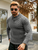 Men's Thermal Stand Collar Cable Knit Sweater - Striped H-Shape Regular Fit Pullover, Machine Washable Winter Sweater with Ribbed Detailing for Autumn & Winter, Knit Sweater, Medium Elasticity Fabric